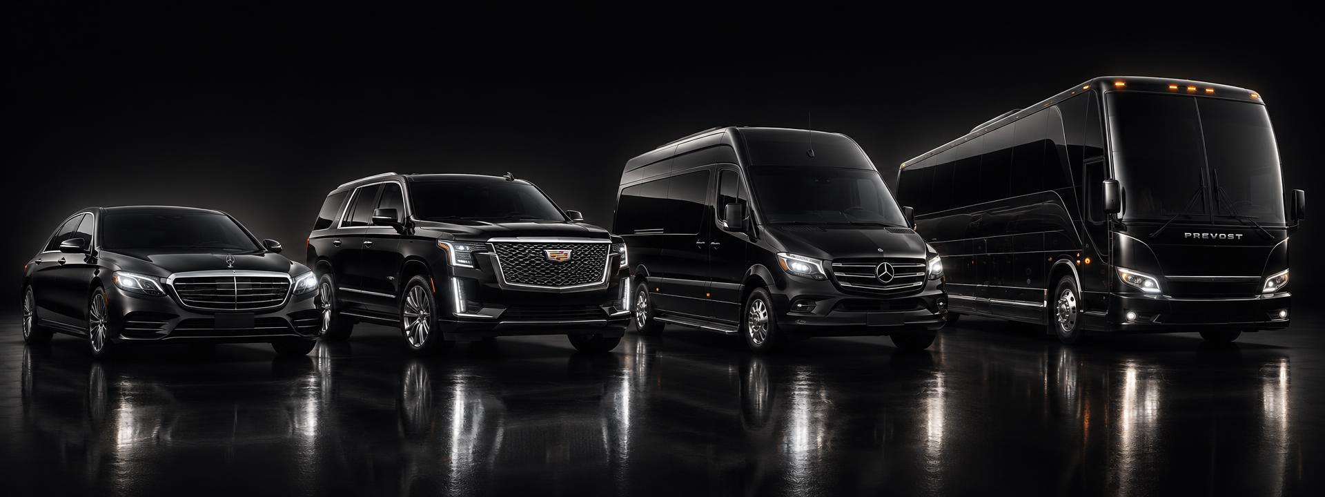 Executive sedan, executive SUV, executive van and luxury coach in a row